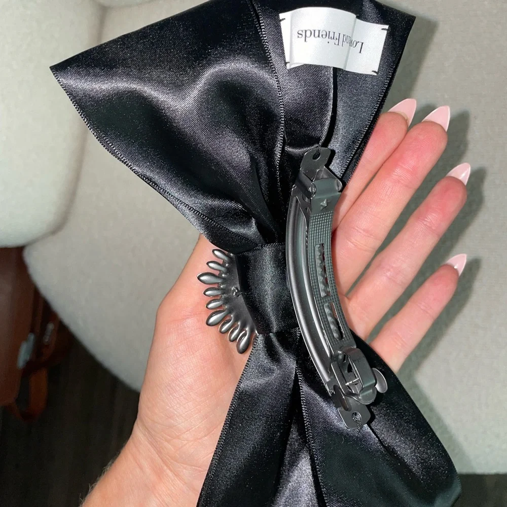 Revolve Lovers and Friends‎ Black Satin Bow Crystals Hair Barette